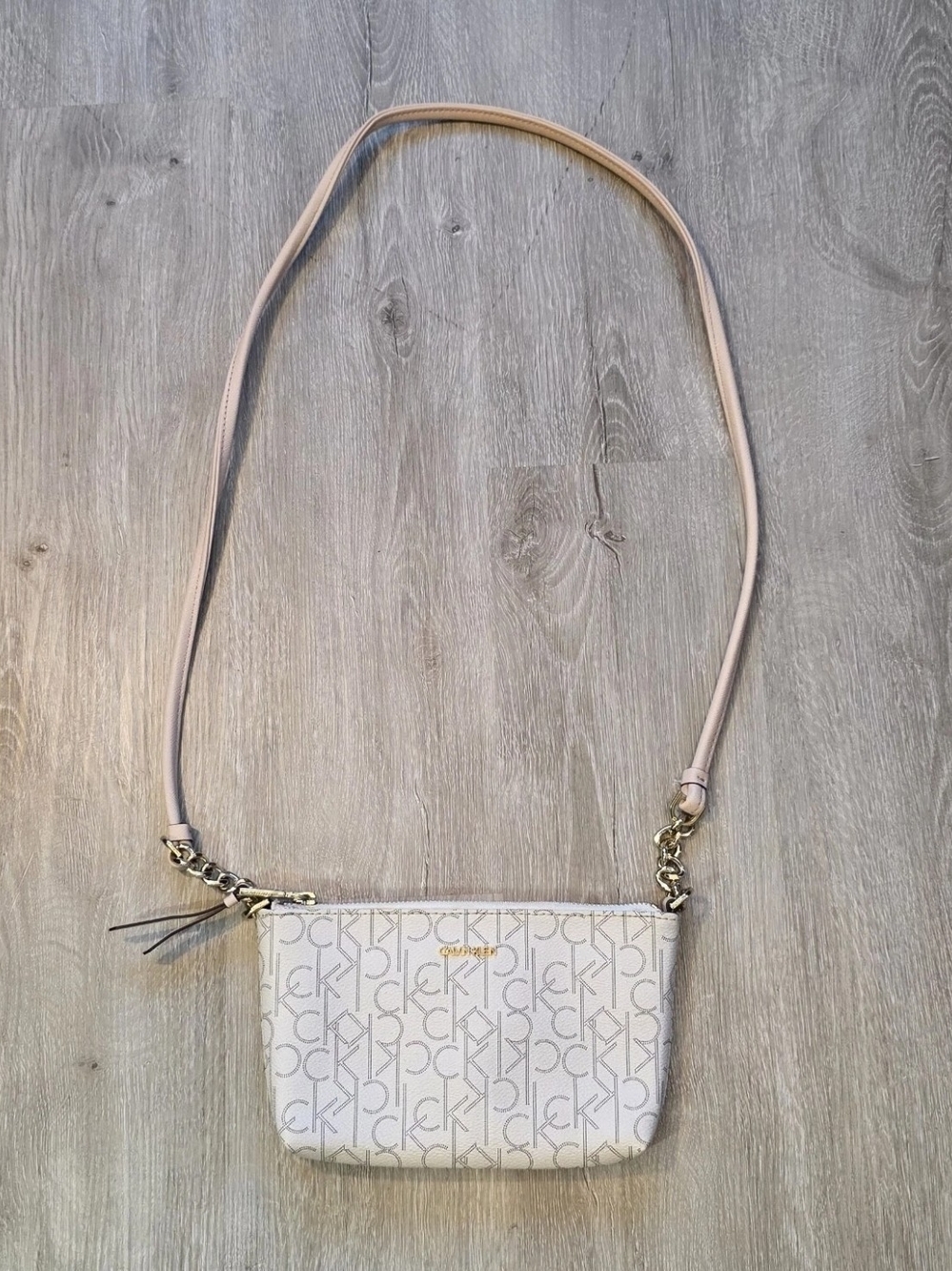 Calvin Klein CK Monogram Logo Chain Crossbody Bag White & Brown